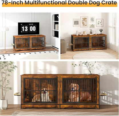 78'' Dog Crate Furniture with 4 Dog Bowls, Extra Large Double Dog Kennel with 360° Rotating and Adjustable Height Bowl Holder, Wooden Dog Crate Kennel with Divider for Dogs (Brown)