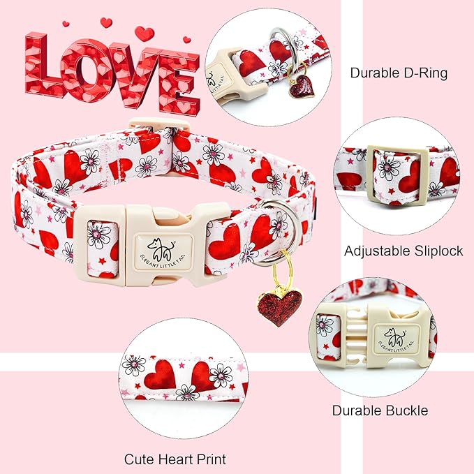Elegant little tail Valentine's Day Dog Collar-Cute Pink Heart Dog Collar for Small Dogs, Female or Male Adjustable Cotton Pet Collar with Quick Release Buckle for Small Medium Large Dogs