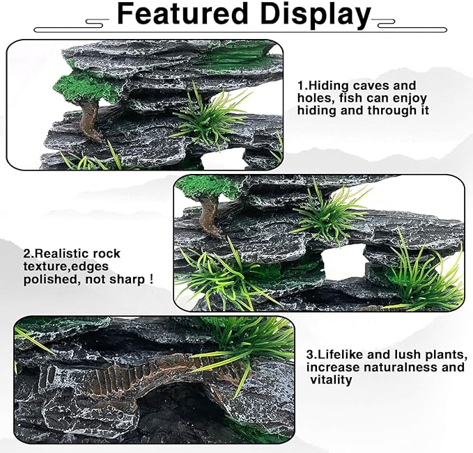 Aquarium Mountain View Stone Ornament Tree Rock Cave Aquarium Decorations for Fish Tank Decorations for Small Fish Tank - 7.5 Inches Long