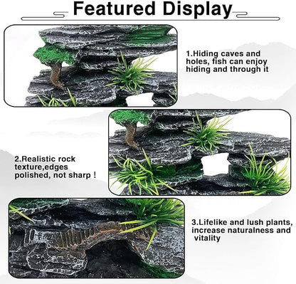 Aquarium Mountain View Stone Ornament Tree Rock Cave Aquarium Decorations for Fish Tank Decorations for Small Fish Tank - 7.5 Inches Long