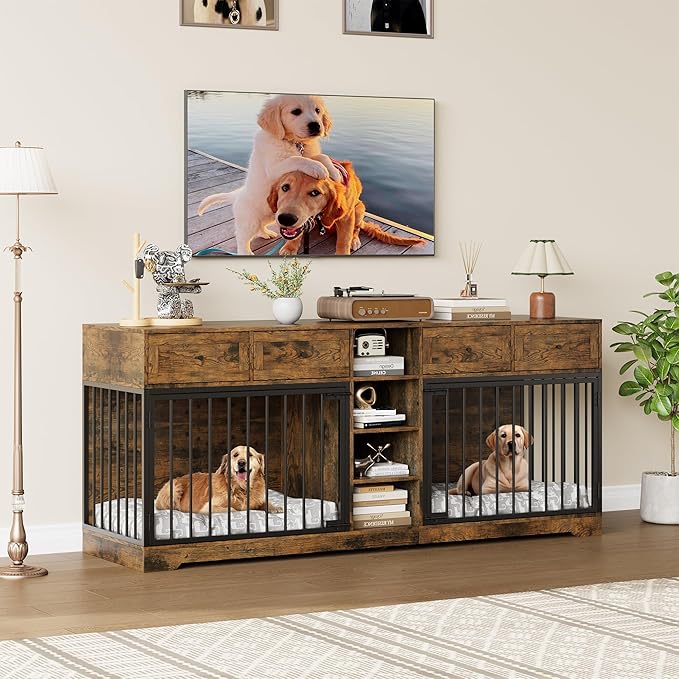 IDEALHOUSE 82” Large Dog Crate for 2 Dogs, Dog Kennel Indoor with 4 Drawers and Shelves, Double Dog Crate Furniture TV Stand, Wooden Heavy Duty Dog Crate for Medium Large Dogs, Rustic Brown