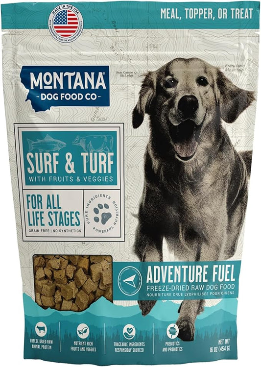 MONTANA DOG FOOD CO. Freeze-Dried Raw Surf & Turf Recipe Dog Food – Grain-Free, High-Protein Meal or Topper, Made in USA with USA Ingredients -16 oz Bag