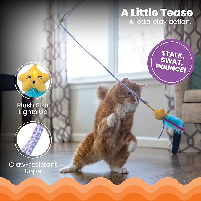 Catstages Twinkle Star Light Up Cat Wand Toy with LED Color-Changing Lights, Feathers & Ribbon Plush Star Attachment, Interactive Flirt Pole for Indoor Cats & Kittens