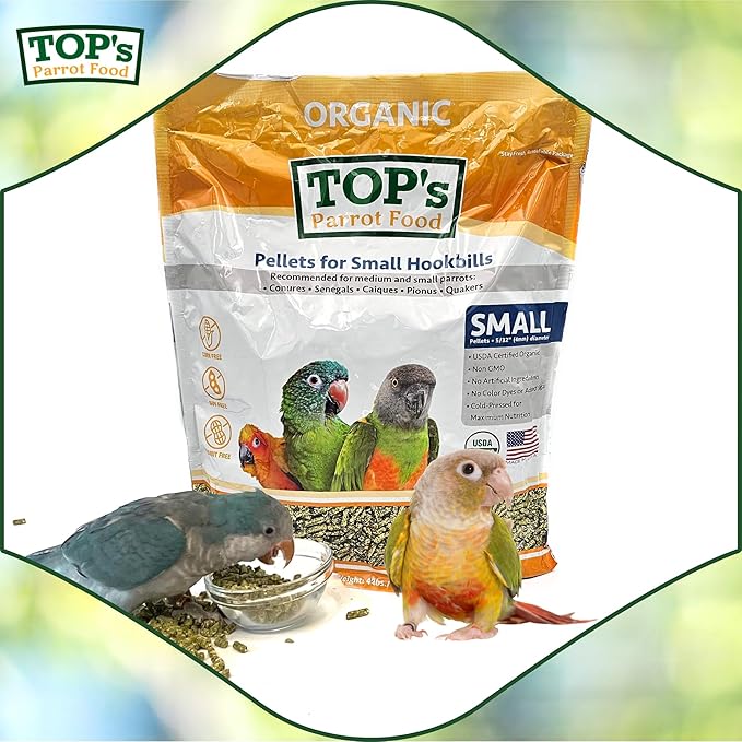 TOP's Parrot Food Bird Pellets for Small Hookbills - Non-GMO, Peanut Soy & Corn Free, USDA Organic Certified (4lbs)