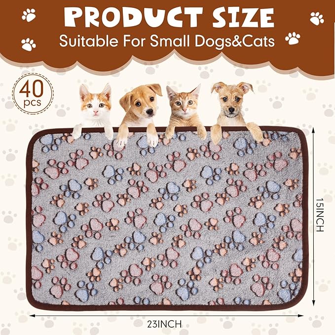 Chumia 40 Pcs Blankets Soft Fluffy Fleece Washable Pet Dog Sleep mat Paw Print Pattern Fleece Blankets for Pets Throw Warm Bed Mat for Dog Puppy Cat(24 x 16 Inch,Black)