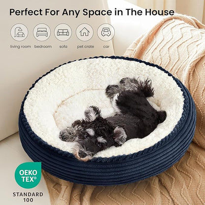 Love's cabin Round Donut Cat and Dog Cushion Bed, 25in Pet Bed for Small or Medium Dogs, Anti-Slip & Water-Resistant Bottom, Soft Durable Fabric Pet Beds, Washable Calming Cat Bed Navy Stripe