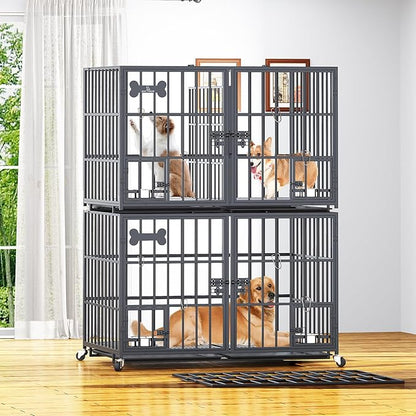 Dosker 42 inch Stackable Heavy Duty Metal Dog Crate for 4 Dogs/Large Dog,All Metal Open Top Access,Escape Proof Cage,Dog Kennel Indoor with Wheels,Floor Grid, Tray, Divider and Feeding Bowl