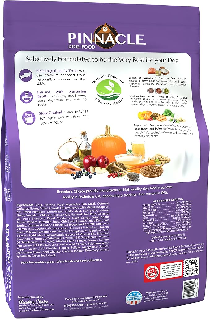 Pinnacle Trout & Pumpkin Dry Dog Food 22 lb, Infused with Broth