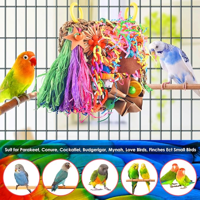 KATUMO Conure Toys, Bird Grass Mat Parakeet Shredder Hanging Toy Cockatiel Foraging Entertainments Parrot Climbing Wall Chewy Lovebird Cage Playthings for Small to Medium Birds