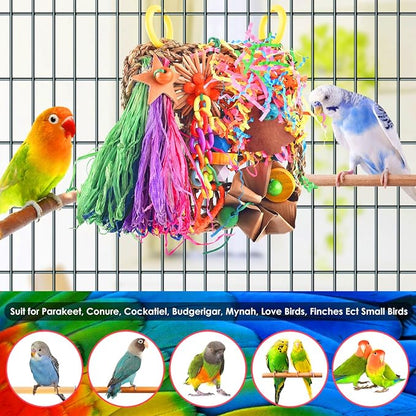 KATUMO Conure Toys, Bird Grass Mat Parakeet Shredder Hanging Toy Cockatiel Foraging Entertainments Parrot Climbing Wall Chewy Lovebird Cage Playthings for Small to Medium Birds