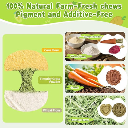 10 PCS Hamster Chew Toys, Guinea Pig Chew Toys for Teeth Natural Timothy Chinchilla Treats Apple Core, Grass Cake, Carrot and Strawberry for Gerbil, Rat, Rabbit and Small Animal Dental Care
