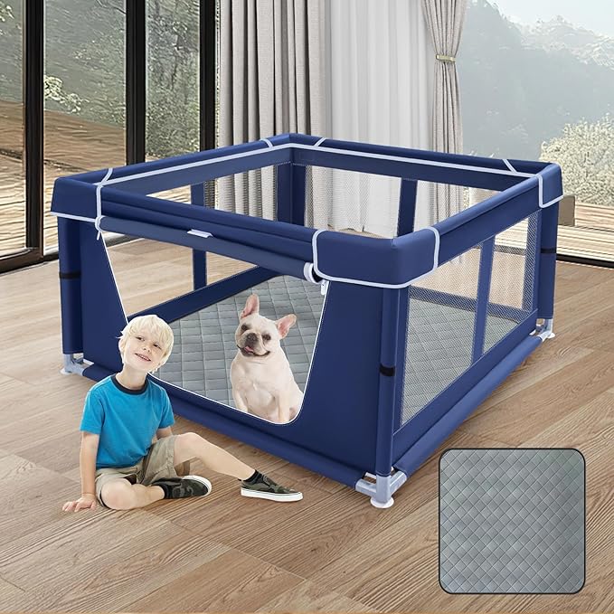 42x42 Inches Puppy Playpen with Dog Pads, Playpen for Puppies or Small Dogs, Indoor & Outdoor Use, Sturdy Safety Pen with Thickened Fabric, High-Strength Nylon Wire Mesh
