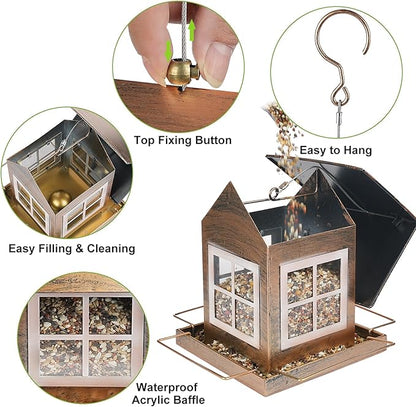 Bird Feeders, Heavy Duty Metal Bird Feeder for Outdoors Hanging, Weatherproof Large Capacity Wild Birdfeeder for Outside Garden Yard, Country House Shape