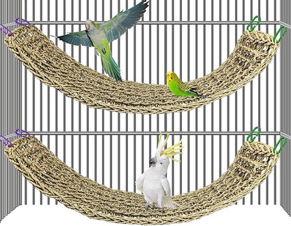 2Pcs Bird Seagrass Mat 30 × 7" Natural Grass Woven Net Hammock with Hooks Climbing Rope Ladder Chew Toys Hanging on Parrot Cage for Lovebird Pigeon Cockatiel Conure Budgie Cockatoo