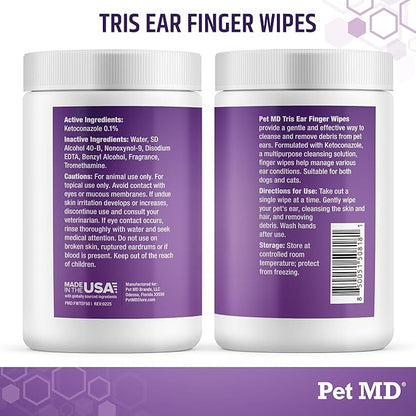 Pet MD Tris Ear Finger Wipes for Dogs & Cats - Multipurpose Cleansing Solution Cat Ear Wipes & Puppy Ear Cleaner - Pet Safe Cleaner to Clean and Remove Debris - 50ct