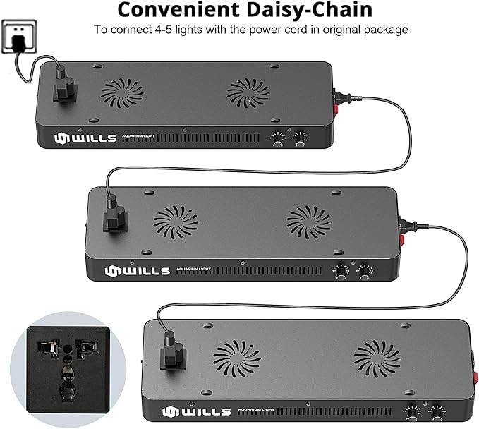 WILLS Full Spectrum Aquarium Light, Reef Lights for Coral with Dual Dimmable Channels, 105 Premium SMD Chips, Daisy Chain Design, Hanging Saltwater Fish Tank Light for SPS/LPS Coral Reef (300W/Black)