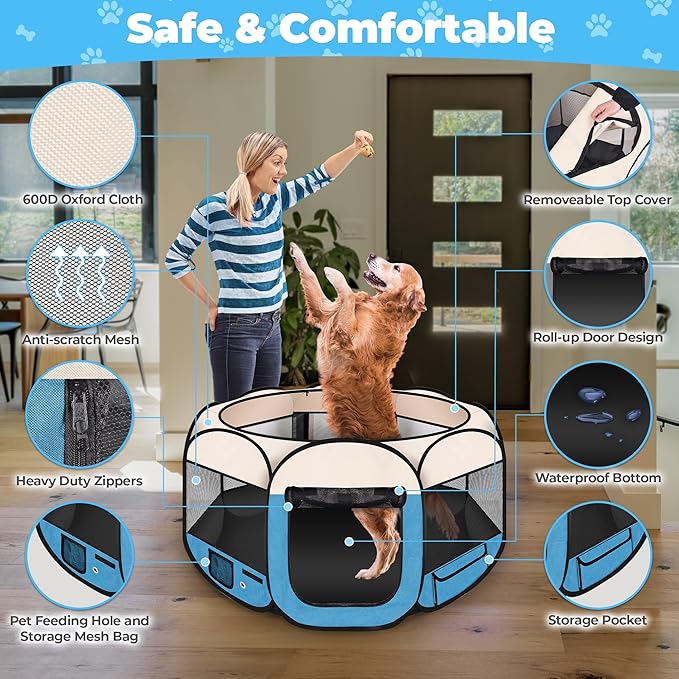 45" Foldable Pet Playpen for Large Dogs, HOMAGICO Pet Playpen for Indoor Cats Enclosed, Portable Dog Playpen Outdoor Tent Crate with Carrying Case, Water-Resistant and Removable Shade Cover, Blue