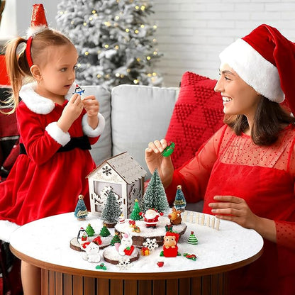 56Pcs Miniature Christmas Figurines, Xmas Mini Resin Figures Santa Elk Penguin Snowflake Tiny Ornaments for Snowglobe DIY Christmas Village Dollhouse Decor