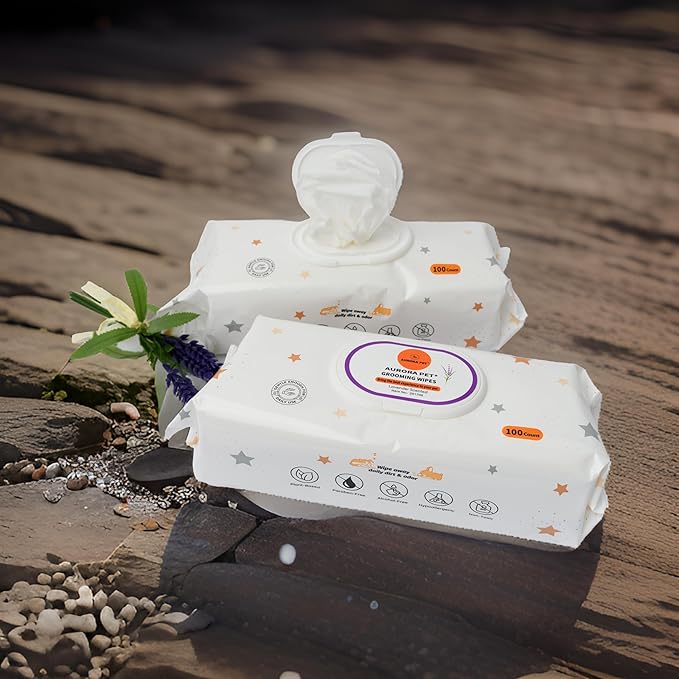 Aurora Pet Wipes – 100% Natural, Plant-Based Hypoallergenic Grooming Wipes for Dogs & Cats – Extra-Durable, Large & Thick for Effortless Cleaning (Lavender, 100 Count)