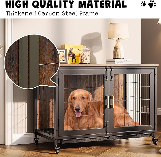 37.5 Inch Wooden Dog Crate with Wheels - Furniture Style Pet Kennel for Small to Medium Dogs Up to 66 Lbs - Multi-Purpose Removable Tray, Decorative Indoor Dog House, Sturdy & Stylish Design