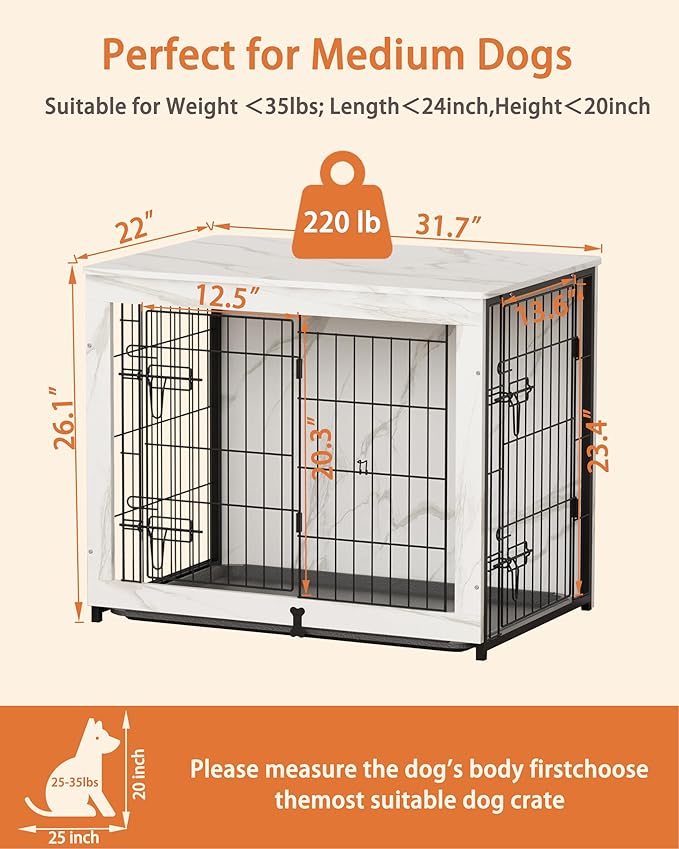 Megidok Wooden Dog Crate Furniture with Cushion, Dog Crate End Table with Tray, Double Doors Dog Crate Furniture Style, Decorative Dog Kennels Indoor for Small to Medium Dog-Marble White, 32*22*26.5