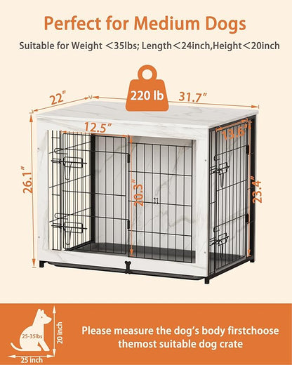 Megidok Wooden Dog Crate Furniture with Cushion, Dog Crate End Table with Tray, Double Doors Dog Crate Furniture Style, Decorative Dog Kennels Indoor for Small to Medium Dog-Marble White, 32*22*26.5
