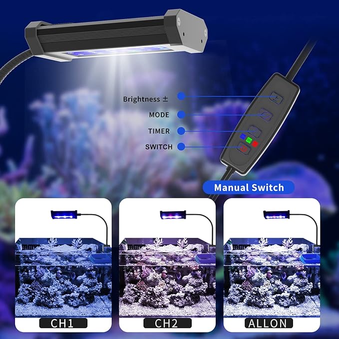 Lominie Small LED Aquarium Light Full Spectrum, 2-Channel Dimmable Fish Tank Light with Adjustable Gooseneck for Saltwater, Coral Nano Tank (Saltwater)