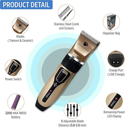 Dog Grooming Shaver Kit Clippers Low Noise Rechargeable Cordless Electric Quiet Hair Clippers Set for Dogs Cats Pets (Gold)