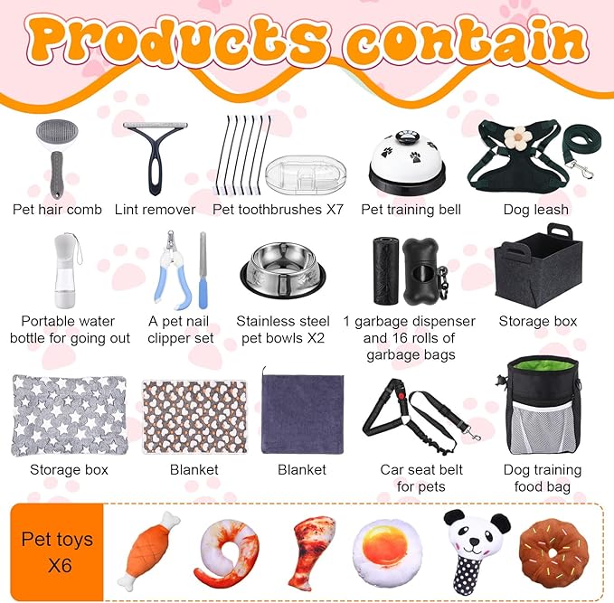 Abbylike 50 Pcs Puppy Supplies Starter Kit for Small Dogs Puppy Essentials Includes Leash, Bowls, Teeth Brushes, Water Bottle, and More Accessories for Dogs Christmas Welcome Gift(Black)