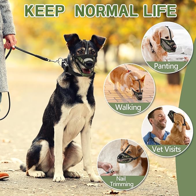 Dog Muzzle for Large Medium Small Dogs, Soft Mesh Muzzle for Dogs with Reflective Adjustable Strap, Prevent Biting Chewing and Licking, Dog Nose Open Design for Reduction Friction (Camo, L)