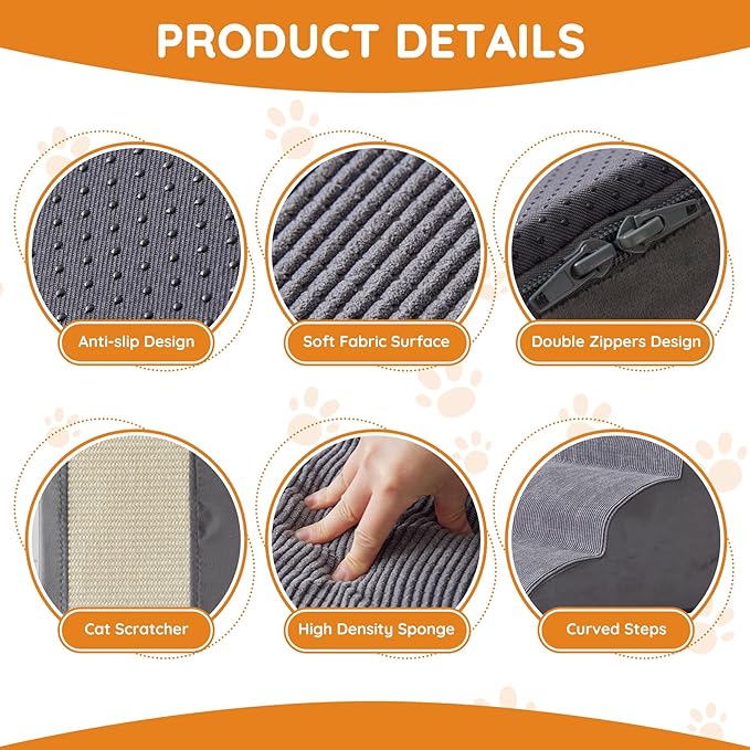 Pet Stairs, Dog Stairs for Small Dogs, Dog Steps, 3-Step Curved Dog Ramp for Bed, Couch, Sofa, Car and Chairs, Non-Slip Bottom Design, Cat Scratching Board, High Density Foam Portable Pet Step, Grey