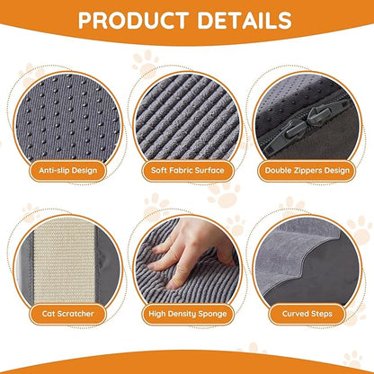 Dog Steps for Bed, Dog Stairs for Small Dogs, 4-Step Dog Ramp for Bed, Couch, Sofa, and Chairs, Non-Slip Bottom Design, Cat Scratching, High Density Foam Portable Pet Step, Indoor, Grey