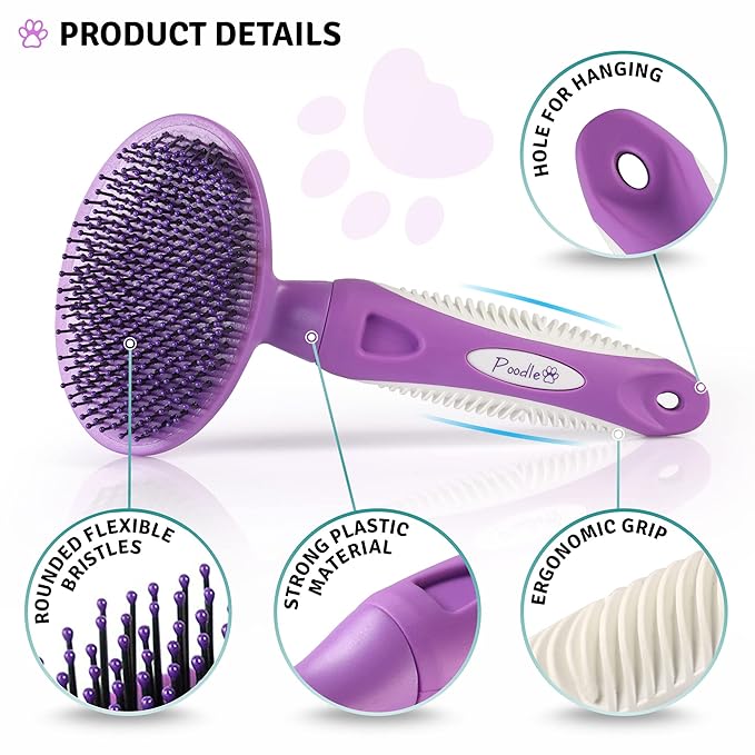 Round Bristle Pet Brush for Dogs and Cats - Soft Dog Brush for Grooming Short or Long Hair - Gentle Tool for Sensitive Skin Removes Dander, Dirt, and Detangles - Purple