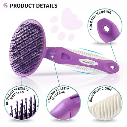 Round Bristle Pet Brush for Dogs and Cats - Soft Dog Brush for Grooming Short or Long Hair - Gentle Tool for Sensitive Skin Removes Dander, Dirt, and Detangles - Purple