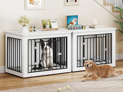 YITAHOME 76 Inch Double Dog Crate Furniture, XXL Dog Crate Furniture for 2 Dogs, Side End Table, Waterproof Top, Safety Corners, 2-in-1 Iron-Wood Fusion Dog Kennel Furniture for 2 Large Dogs,White