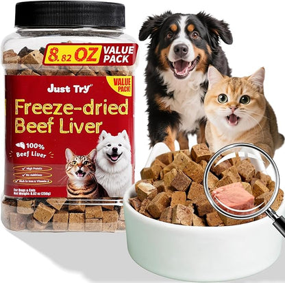 Just Try 8.82 oz Freeze Dried Beef Liver Raw Dog Treats & Cat Treats, Single Ingredient, Health Training Treats or Meal Food Topper, High Protein, Grain Free, Gluten Free, Rich in Iron & Vitamin A