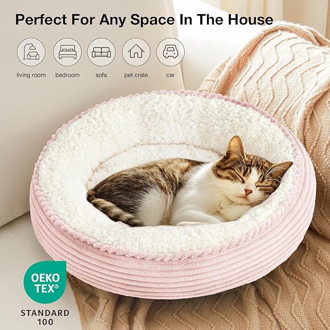 Love's cabin Round Donut Cat and Dog Cushion Bed, 20in Pet Bed for Cats or Small Dogs, Anti-Slip & Water-Resistant Bottom, Super Soft Durable Fabric Pet beds, Washable Luxury Cat Dog Bed Pink Stripe