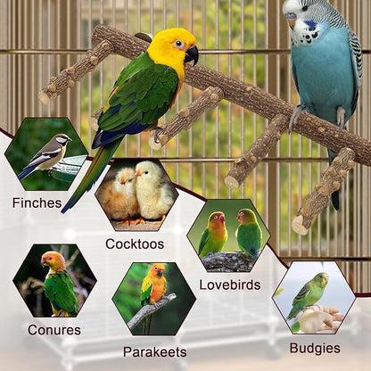 Bird Ladder Perches for Cage, Pole Standing Natural Wood Birds Perch Set, Climbing Chewing Toys, Paw Grinding Fork Parrot Cage Branch with Rope for Macaw Budgie Lovebirds
