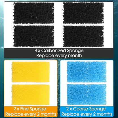 Replacement Aquarium Filter Sponge, Fish Tank Filter Replacement Parts, Including 2 x Coarse Sponge, 2 x Fine Sponge & 4 x Carbonized Sponge