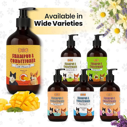 POM Pets 2-in-1 Organic Dog Shampoo & Conditioner – Itchy Skin Relief, Dog Deshedding, Detangles Fur, Cat Shampoo, Paw Cleaner for Dogs, Natural Coat Defense Formula