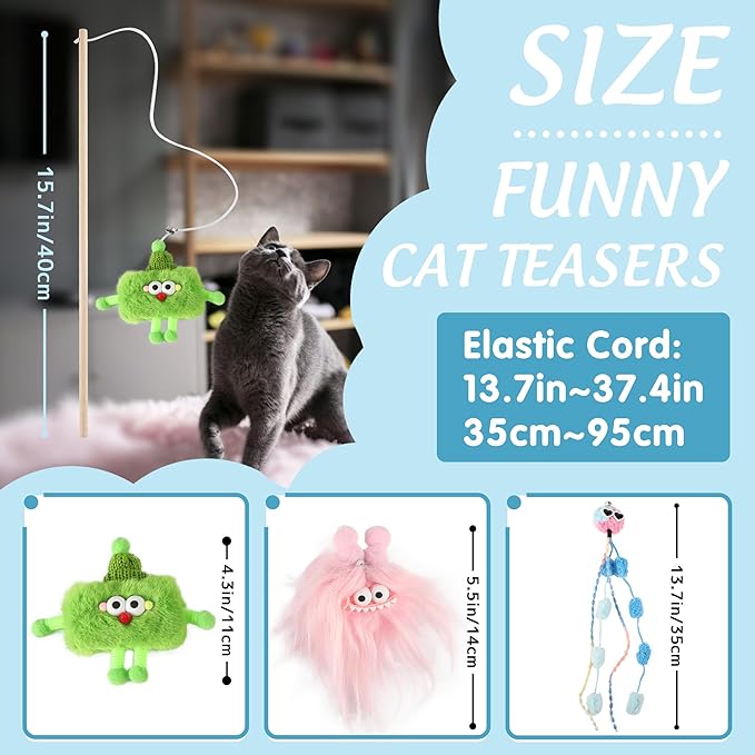 Elastic Plush Cat Wand Toy Funny Interactive Cat Fishing Pole Toy with Bell Soft Natural Wood Kitten String Toys for Indoor Cats Kittens Bored Cats (3 Pack)
