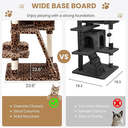 SHA CERLIN 65in Larger Cat Tree Tower Condo for Indoor Kitties/Multi-Level Furniture Activity Center with Wide Base/Cozy Plush Cat Perches/Baskets/Sisal Scratching Posts and Hammock/Leopard Print