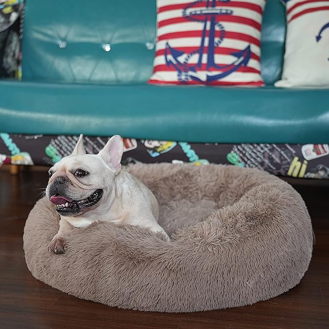 nononfish Puppy Beds for Small Dogs Washable - 23 Inches Round Faux Fur Pet Bed for Puppy and Cat Donut Fluffy Plush Orthopedic Doggy Beds Relief Improved Sleeping,Camel