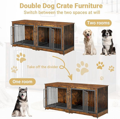 Rovibek 75'' Double Dog Crate Furniture for 2 Large Dogs, Heavy Duty Furniture Style Dog Kennel End Table, Wood Crates for Dogs Kennel Indoor Double Door, Brown