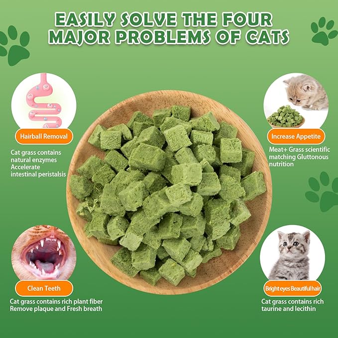 Cat Grass Treats Cubes - 80g Natural Freeze Dried Cat Grass Teething Stick Cat Treats Snacks Edible Cat Chew Toys for Hairball Removal Teeth Cleaning