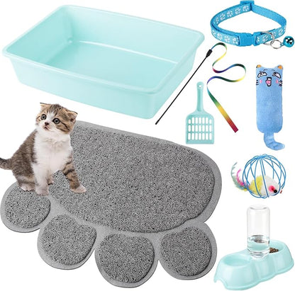 7 Pcs Small Cat Kitten Starter Kit Cat Litter Box with Shovel Paw Litter Mat Double Automatic Kitten Bowls Toy Teaser Stick Collar Essentials Kits for 1-3 Lbs Beginner(Simple,Blue)