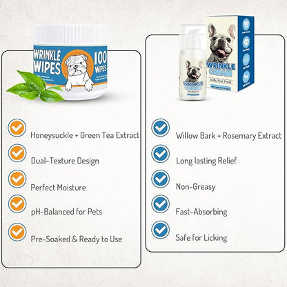 Bulldog Wrinkle Wipes & Cream Bundle - Deep Cleaning Wrinkle Wipes + Soothing Dog Wrinkle Cream - Hypoallergenic for Bulldogs, Pugs, Frenchies (100 Wipes + 85g Cream)