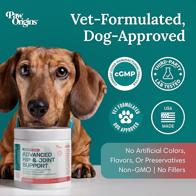 Paw Origins Mobility Max Joint Supplement for Dogs – 9-in-1 Blend with Glucosamine, Chondroitin, MSM & Vitamin C – Natural Bacon Flavor – Premium USA-Made Daily Formula for Active & Senior Pets