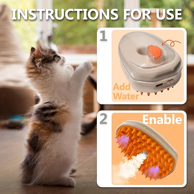 4 in 1 Steam Brush for Cats & Dogs - Rechargeable Massaging & Cleaning Brush for Long & Short Haired Pets (Orange)