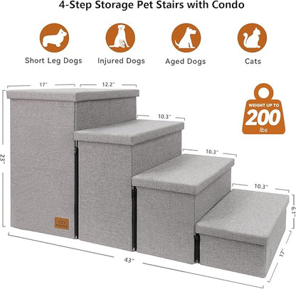 Dog Stairs with Storage 23" H, 4-Step Wider Dog Steps for High Beds Window, Folding Sturdy Pet Stairs Gift for Small/Medium/Large Dogs Cats, Dog Ramp for Climbing Car Hold Up to 200 lbs, Smok Gray